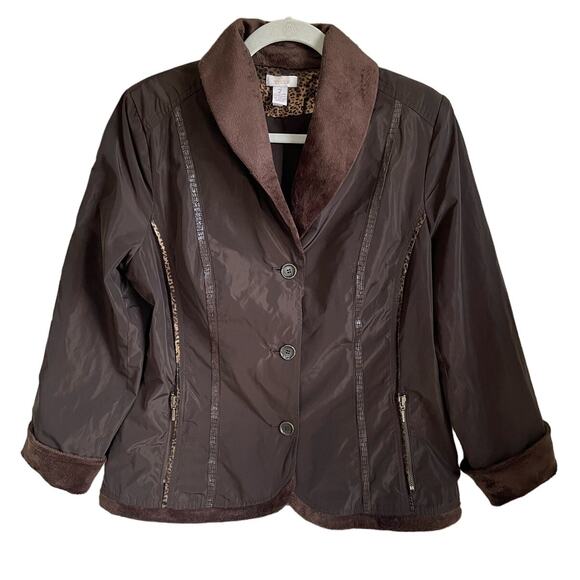 Chico's Jacket 3 Button Front Faux Fur Collar and Cuffs Leopard Print Trim Sz L - Picture 1 of 9